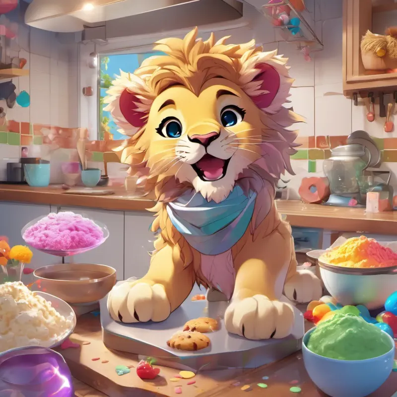 Lion cub A young lion cub with a small, fluffy mane, full of energy and creativity in a whimsical kitchen, mixing cookie dough with colorful ingredients flying around.