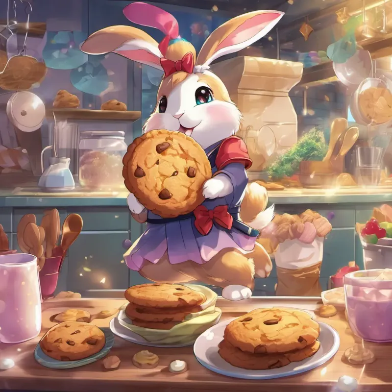 A cute, fluffy bunny with a twitching tail and sparkling eyes, expressing excitement over the cookie-making.