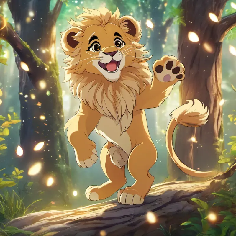 Lion cub A young lion cub with a small, fluffy mane, full of energy and creativity dancing joyfully in a magical forest with laughing trees and flickering lights.