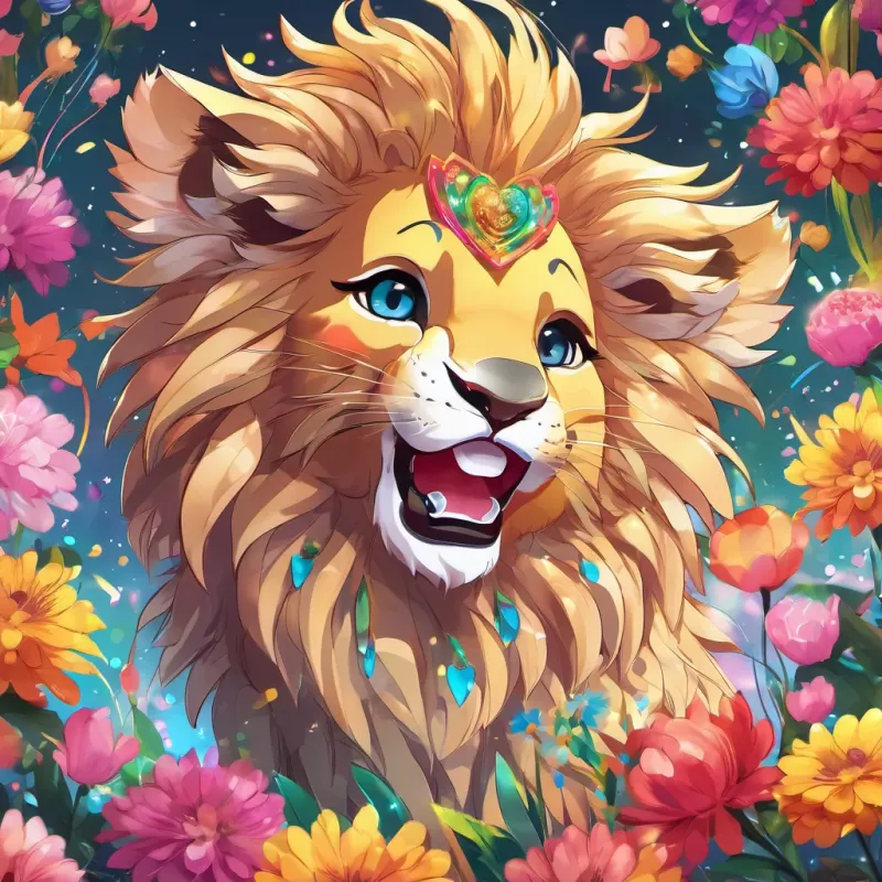 Lion cub A young lion cub with a small, fluffy mane, full of energy and creativity juggling colorful flowers, creating a whimsical rhythm with magical sparkles around.
