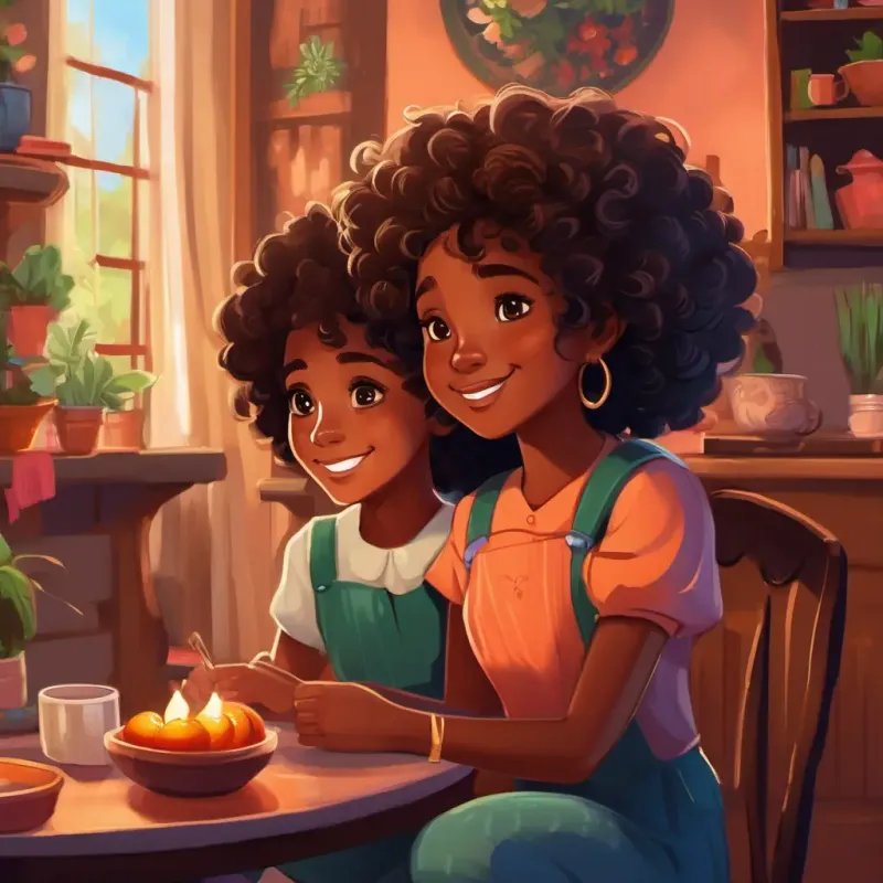 The page shows a cozy apartment with vibrant decorations. Mrs Johnson: Dark-skinned woman with dazzling brown eyes Loving and determined has dark skin, dazzling brown eyes, and her daughter, Sarah: 8-year-old girl with beautiful curly hair and sparkling brown eyes Smart and kindhearted, has beautiful curly hair and sparkling brown eyes.