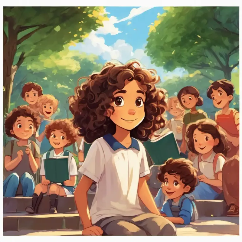 The page illustrates Sarah: 8-year-old girl with beautiful curly hair and sparkling brown eyes Smart and kindhearted sitting alone in the schoolyard, with tears in her eyes, while other children point and laugh. Different characters bullying Sarah: 8-year-old girl with beautiful curly hair and sparkling brown eyes Smart and kindhearted have diverse appearances.