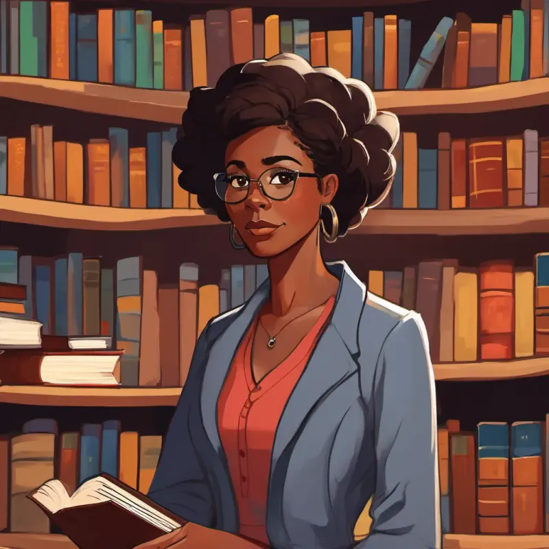 This page shows Mrs Johnson: Dark-skinned woman with dazzling brown eyes Loving and determined at the library, surrounded by shelves filled with books. She has her notebook open, taking notes, with a determined expression on her face.