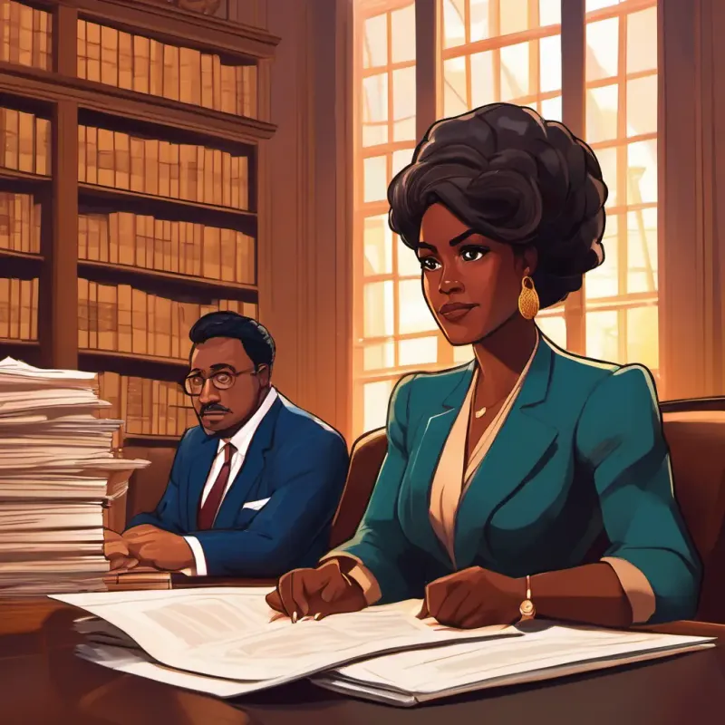 The page depicts Mrs Johnson: Dark-skinned woman with dazzling brown eyes Loving and determined and her lawyer sitting in a courtroom, with stacks of papers on the table. Mrs Johnson: Dark-skinned woman with dazzling brown eyes Loving and determined has a confident look, while the lawyer is holding up a document.