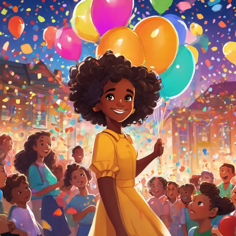 This page portrays Mrs Johnson: Dark-skinned woman with dazzling brown eyes Loving and determined and Sarah: 8-year-old girl with beautiful curly hair and sparkling brown eyes Smart and kindhearted smiling, surrounded by colorful confetti and balloons. The debt collectors are shown leaving in the background, defeated.