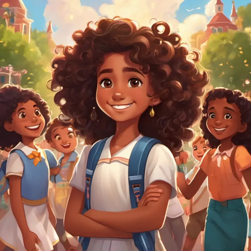 The final page depicts Sarah: 8-year-old girl with beautiful curly hair and sparkling brown eyes Smart and kindhearted surrounded by friends in the schoolyard, laughing and playing together. Mrs Johnson: Dark-skinned woman with dazzling brown eyes Loving and determined watches with pride, holding hands with Sarah: 8-year-old girl with beautiful curly hair and sparkling brown eyes Smart and kindhearted.