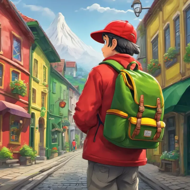 Charlie - with red sneakers, a yellow backpack, and a green hat, wearing red sneakers, a yellow backpack, and a green hat, in the town of Rainbowville turning dull and gray.