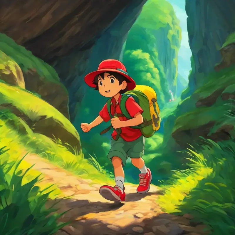 Charlie - with red sneakers, a yellow backpack, and a green hat, determined to find the Color Cave, setting off on an adventure.