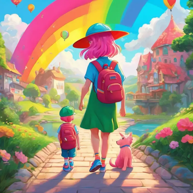 Charlie - with red sneakers, a yellow backpack, and a green hat, meeting his best friend Colorful Colorful Cindy - with pink hair, blue eyes, and a rainbow-colored dress with pink hair, blue eyes, and a rainbow-colored dress, facing challenges and solving colorful puzzles.