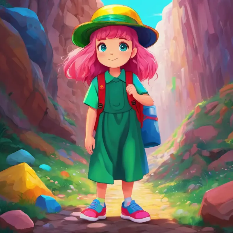 Charlie - with red sneakers, a yellow backpack, and a green hat and Colorful Cindy - with pink hair, blue eyes, and a rainbow-colored dress, in the Color Cave, finding empty buckets of different colors.