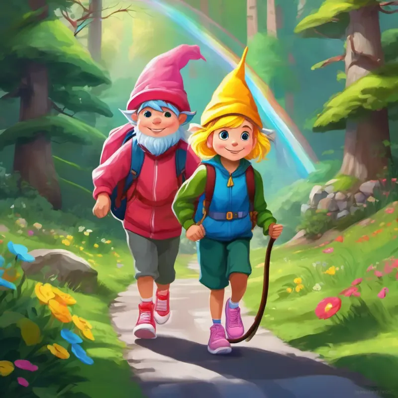 Charlie - with red sneakers, a yellow backpack, and a green hat and Colorful Cindy - with pink hair, blue eyes, and a rainbow-colored dress, using their clever minds, discovering the color thief was a jealous gnome named Grayscale - a mischievous gnome who stole the colors.