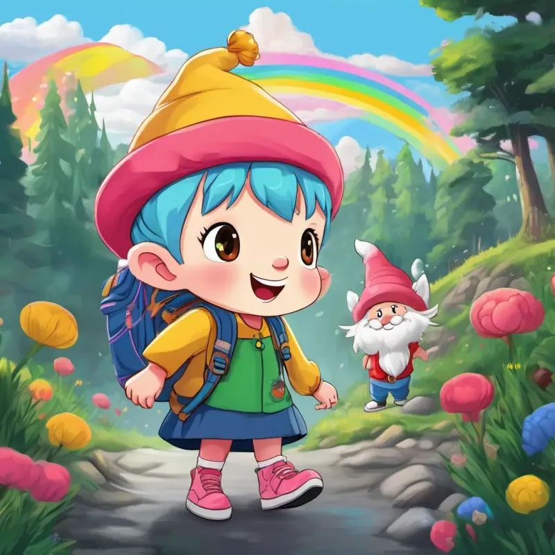 Charlie - with red sneakers, a yellow backpack, and a green hat and Colorful Cindy - with pink hair, blue eyes, and a rainbow-colored dress, using kindness and persuasive words, convincing Grayscale - a mischievous gnome who stole the colors to return the stolen colors.