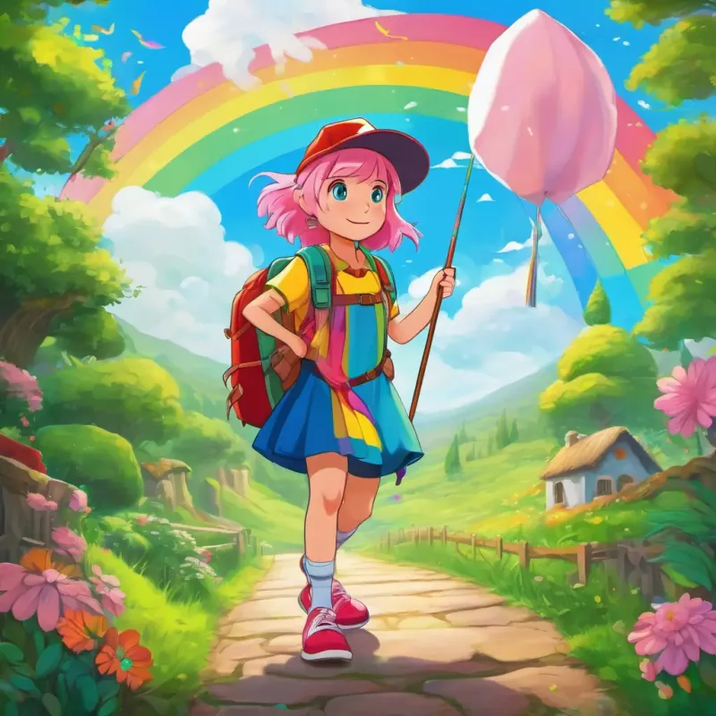 Charlie - with red sneakers, a yellow backpack, and a green hat and Colorful Cindy - with pink hair, blue eyes, and a rainbow-colored dress, celebrated as heroes, becoming the Color Guardians of Rainbowville.
