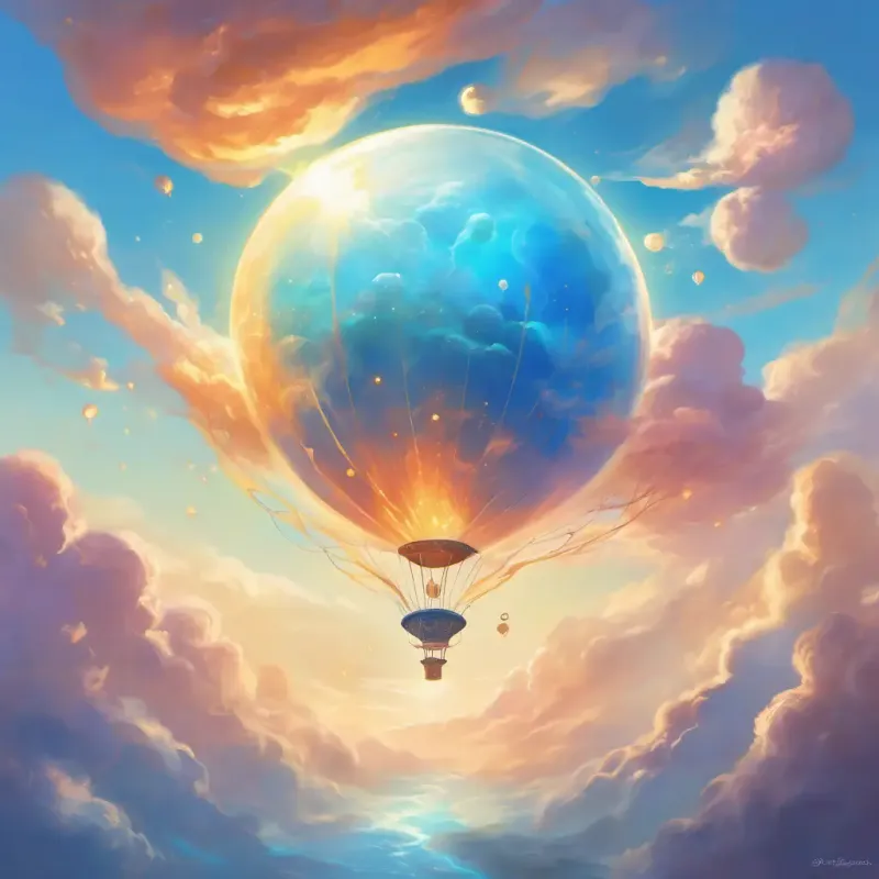 Hydrogen floats high above, surrounded by a bright blue sky. It is depicted as a cheerful, bouncy character, reaching out to make friends.