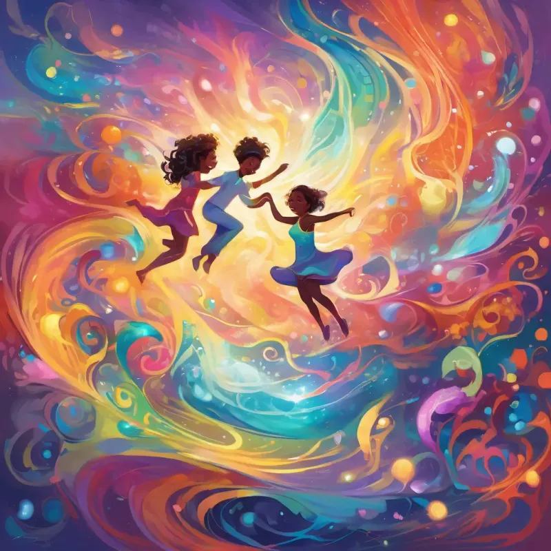 In the lab, Bouncy, cheerful, with a bright, light-hearted aura and Buoyant, playful, with a colorful and lively presence dance together, surrounded by vibrant, swirling colors. They are depicted as joyful, giggling friends.