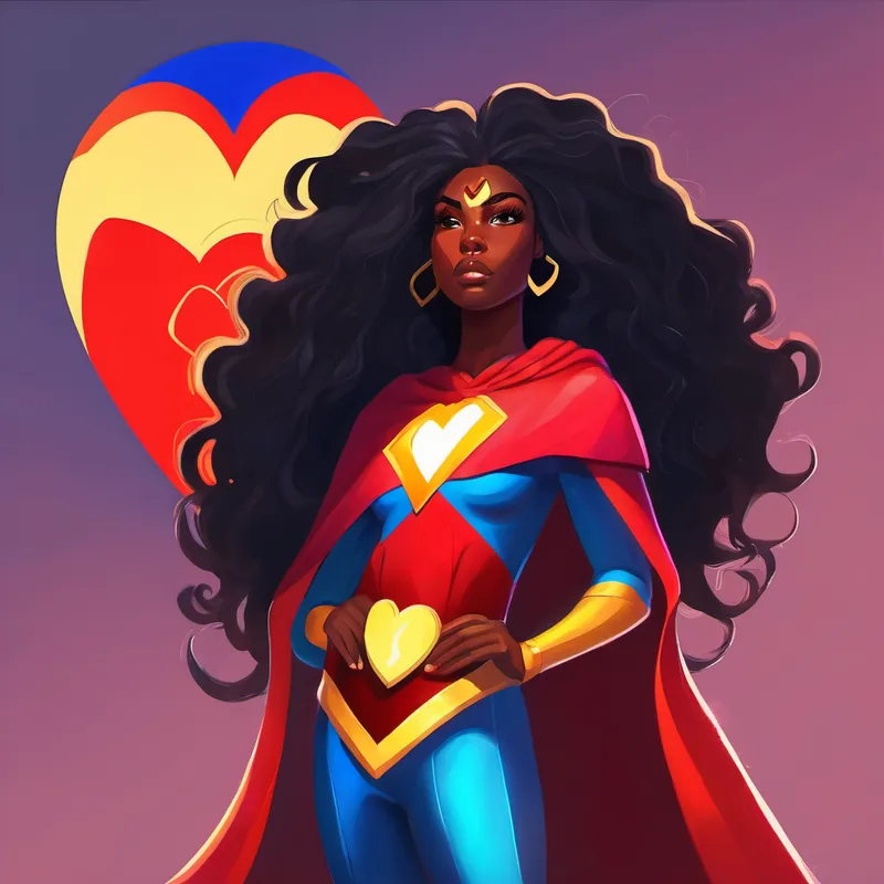 A brave, Black African woman with long flowing hair, wearing a colorful superhero costume with a symbol of a heart on her chest. sees sad and lonely girlren