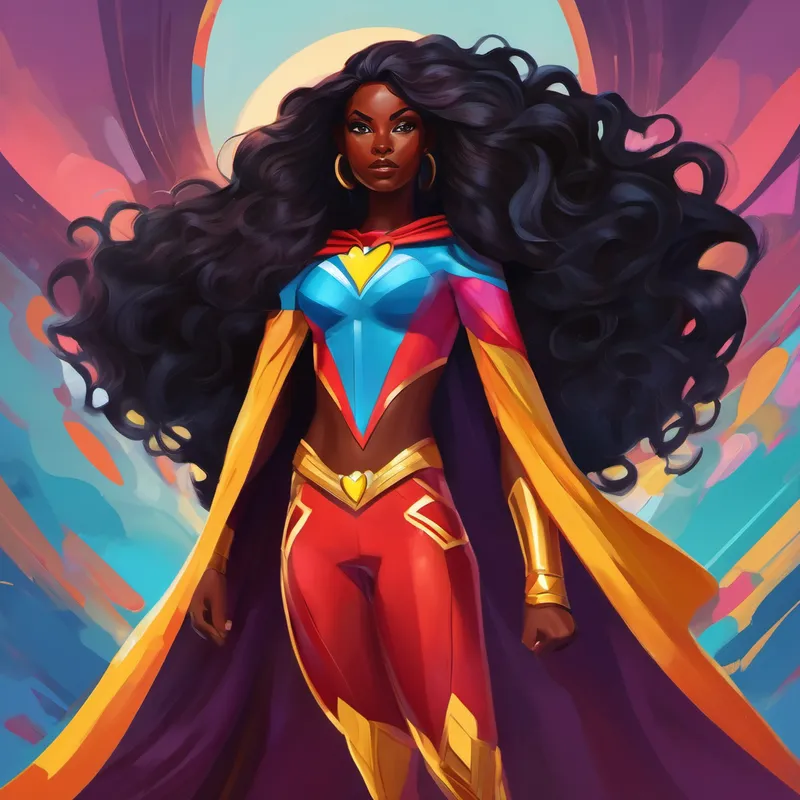 A brave, Black African woman with long flowing hair, wearing a colorful superhero costume with a symbol of a heart on her chest. helps the left out girls to join in