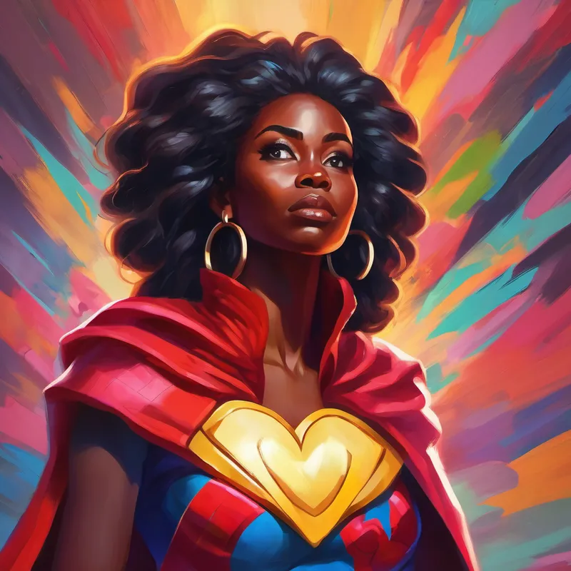 A brave, Black African woman with long flowing hair, wearing a colorful superhero costume with a symbol of a heart on her chest. listens to scared girls and gives them courage