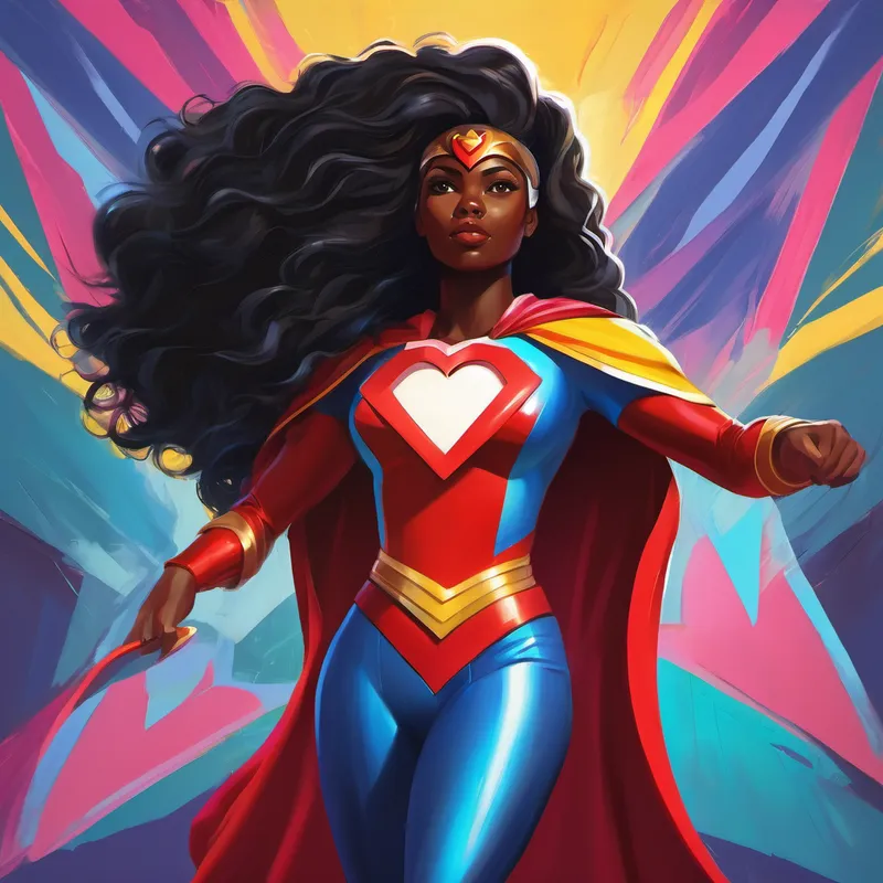 A brave, Black African woman with long flowing hair, wearing a colorful superhero costume with a symbol of a heart on her chest. resolves an argument between two girls