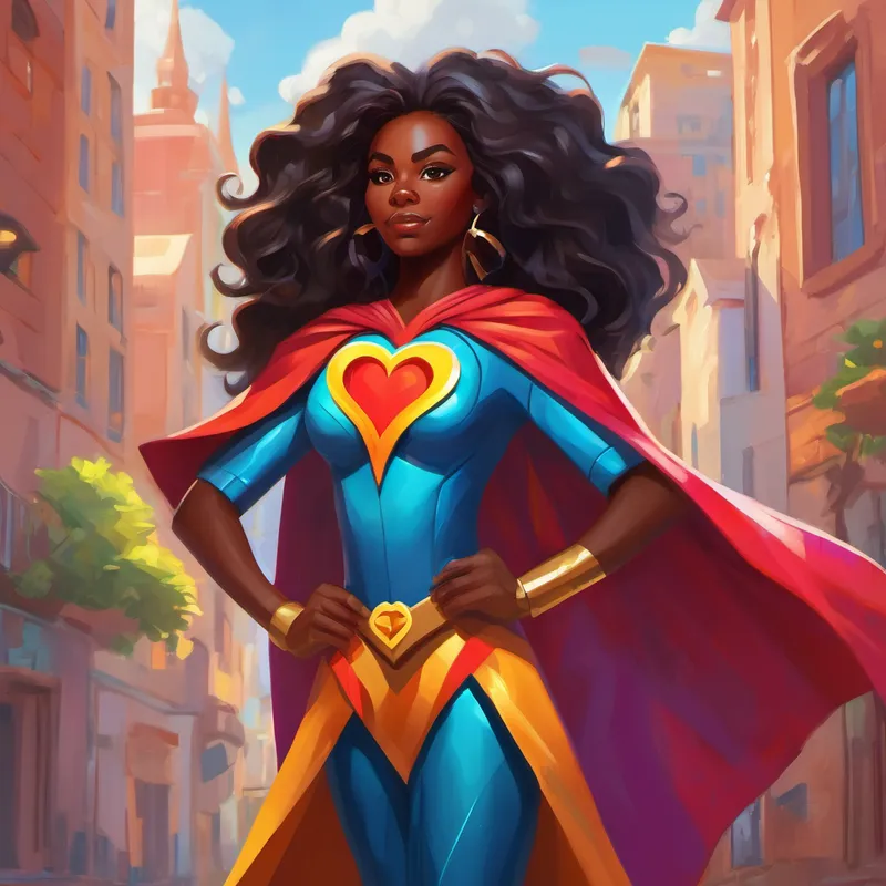 A brave, Black African woman with long flowing hair, wearing a colorful superhero costume with a symbol of a heart on her chest. teaches girlren to be compassionate and supportive
