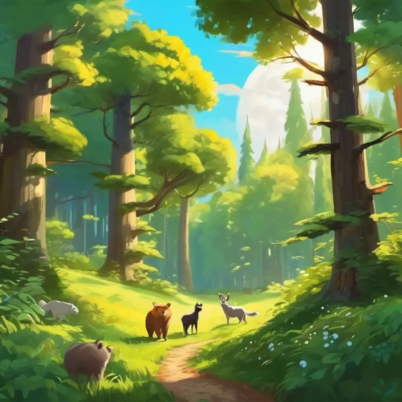 A beautiful forest with tall trees and a sunny sky. The animals are happily playing.