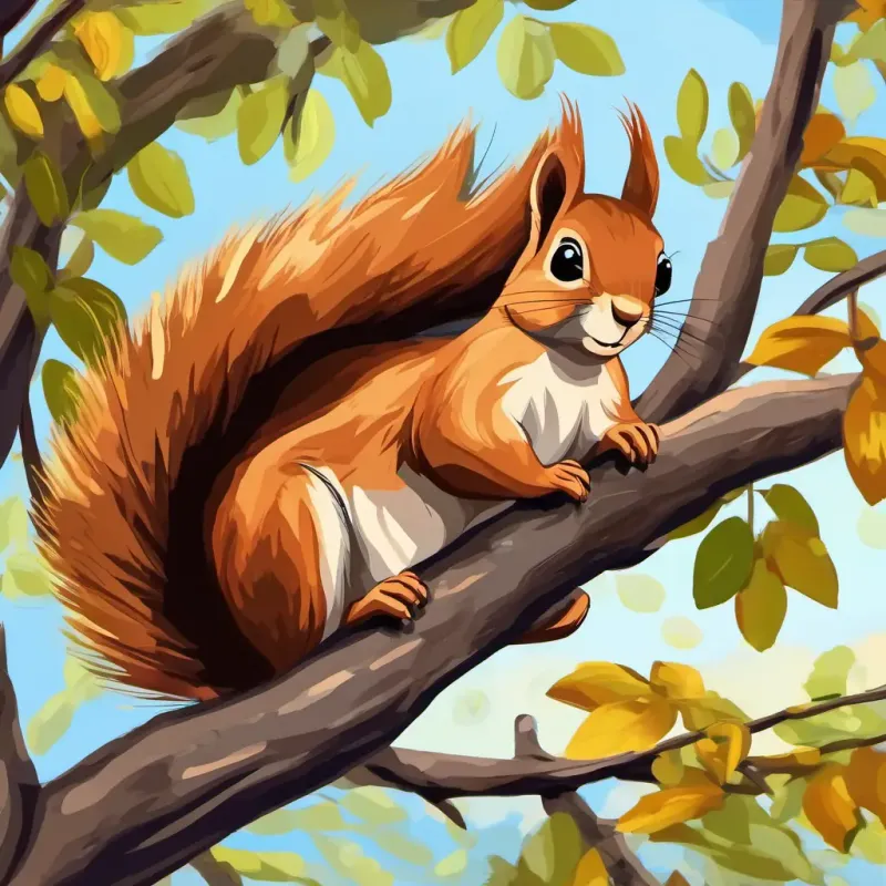 Small brown squirrel with a bushy tail is a small brown squirrel with a bushy tail, jumping on tree branches.