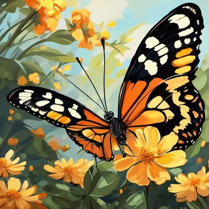 Beautiful butterfly with wings of orange, yellow, and black is a beautiful butterfly with wings of orange, yellow, and black, hovering over a blooming flower.