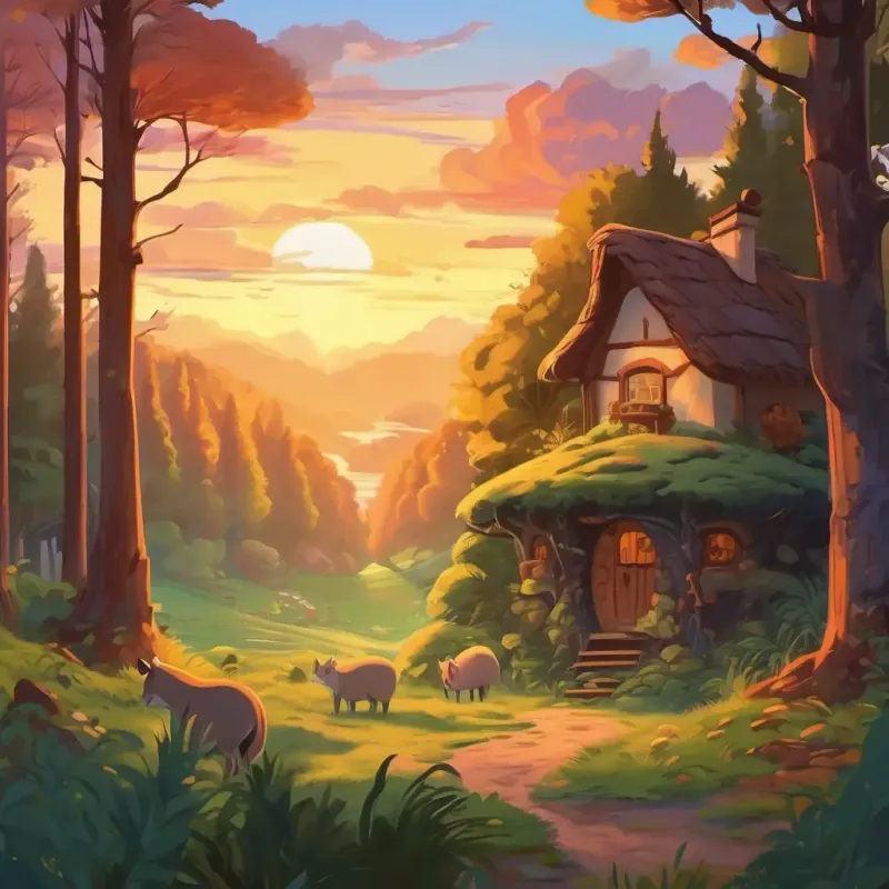 A peaceful forest at sunset, with the animals tucked away in their homes, looking sleepy and content.