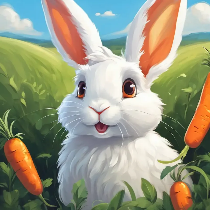 Fluffy white rabbit with long ears is a fluffy white rabbit with long ears, happily munching on a carrot.