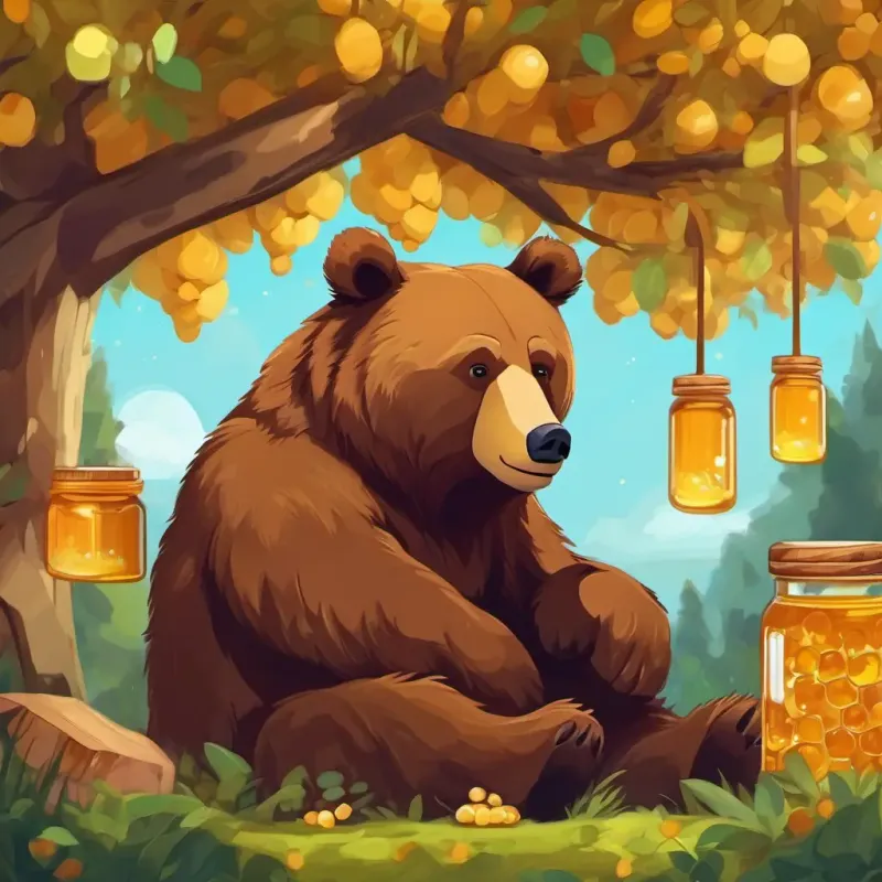 Big brown bear with a sleepy expression is a big brown bear with a sleepy expression, resting under a tree with honey jars around him.