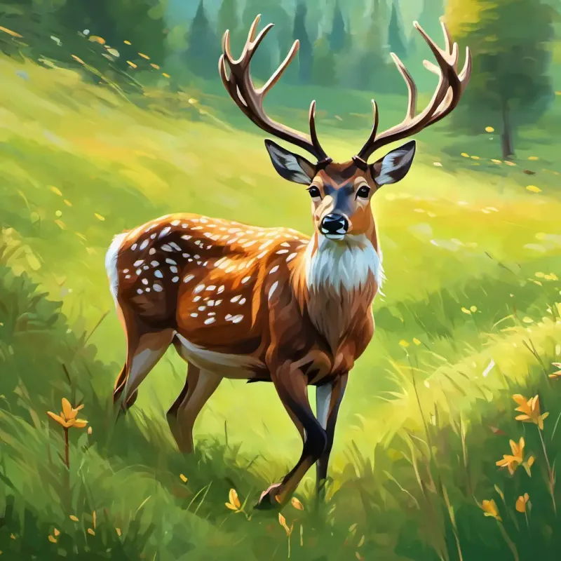 Graceful deer with brown fur and antlers is a graceful deer with brown fur and antlers, leaping in a green meadow.