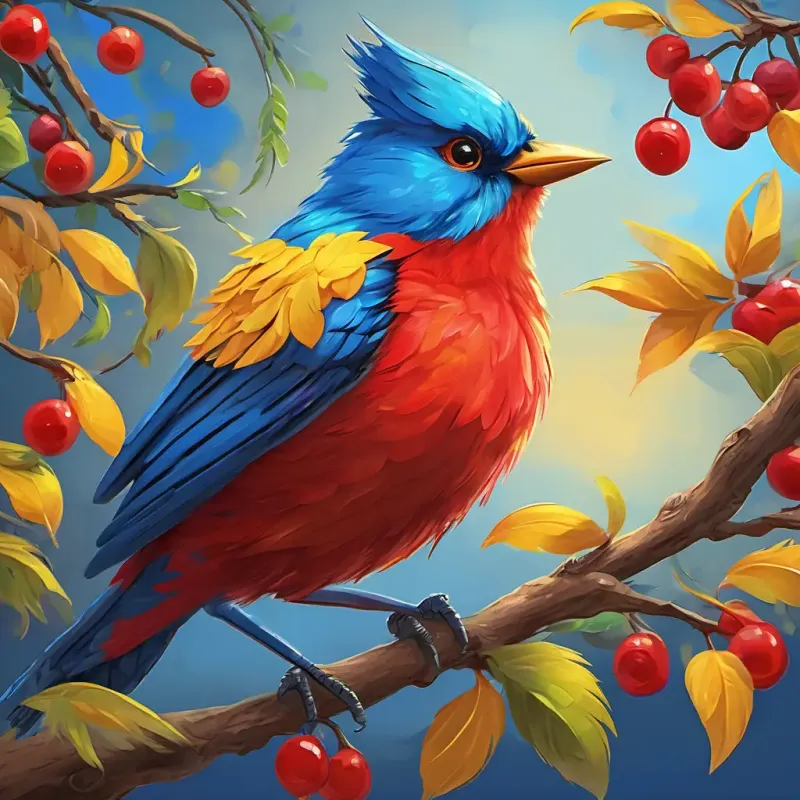 Colorful bird with feathers of blue, red, and yellow is a colorful bird with feathers of blue, red, and yellow, singing on a tree branch with berries beside her.