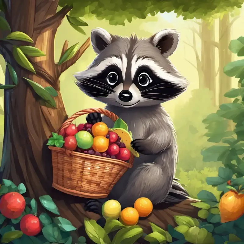 Mischievous raccoon with a striped tail is a mischievous raccoon with a striped tail, holding a basket of fruits while peeking out from behind a tree.