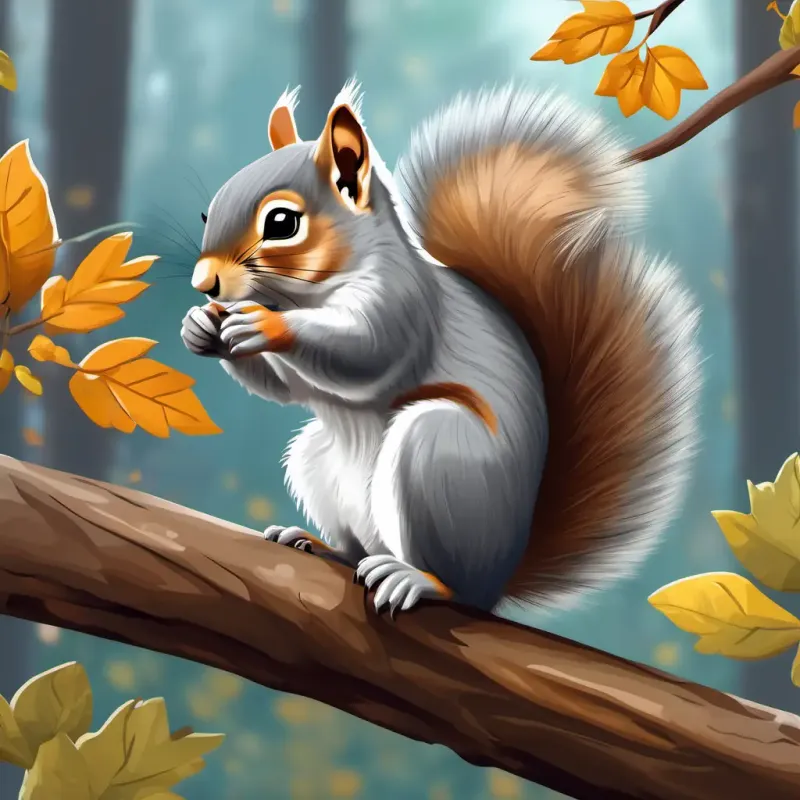 Small grey squirrel with a fluffy tail is a small grey squirrel with a fluffy tail, climbing a tree with an acorn in his paws.