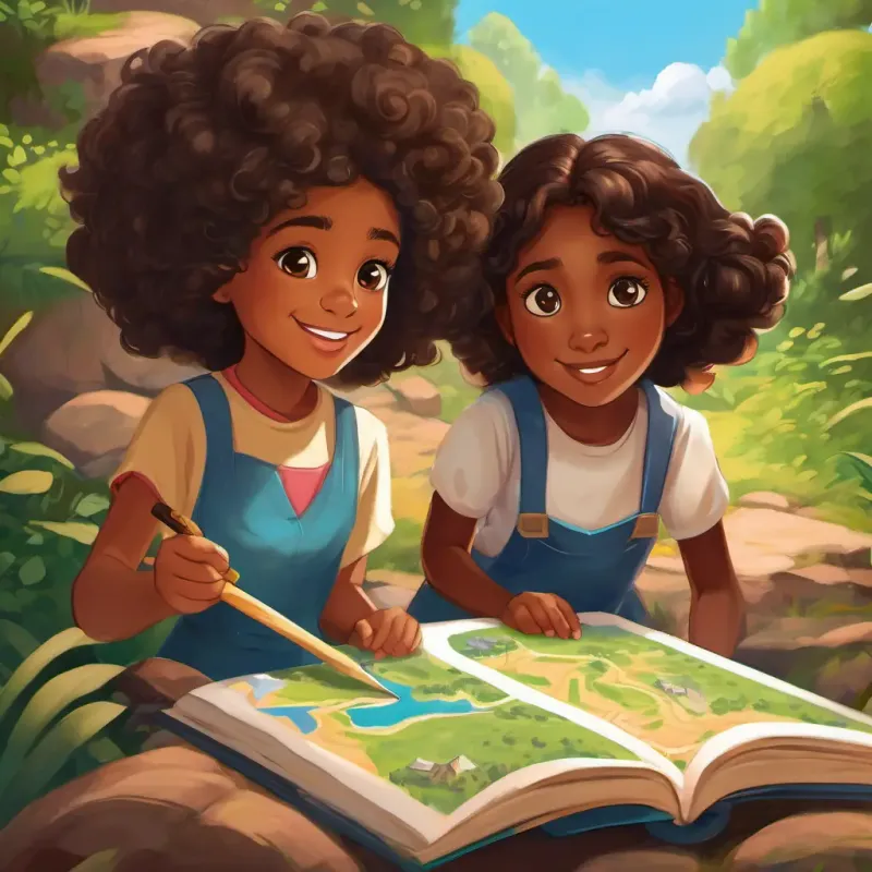 Yasmim - 9 years old, dark-skinned with curly hair and brown eyes and Bianca - 5 years old, dark-skinned with curly hair and mischievous eyes, two sisters, finding a mysterious map on a sunny day.
