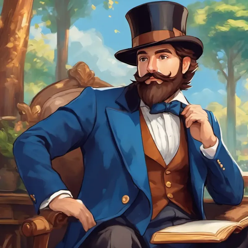 Mister Duds - wise magician with fair skin, bushy brown beard, elegant suit, and blue top hat, an adult magician with fair skin, brown beard, elegant suit, and blue top hat