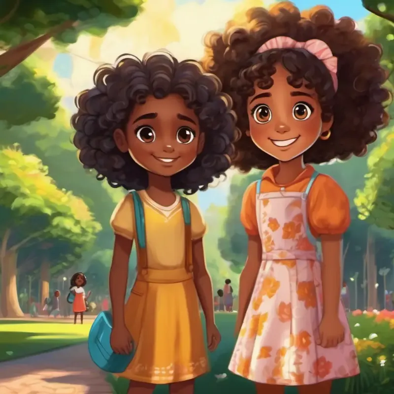 Yasmim - 9 years old, dark-skinned with curly hair and brown eyes and Bianca - 5 years old, dark-skinned with curly hair and mischievous eyes putting on a grand performance in the center of the park.