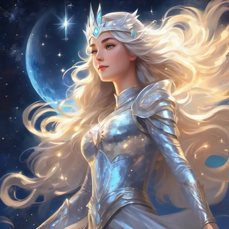 Introduction to Goddess with shimmering silver attire and eyes that sparkle like stars in a starry realm, overseeing Earth's night.