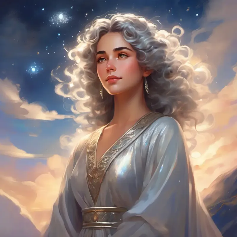 Goddess with shimmering silver attire and eyes that sparkle like stars feels lonely, spots Shepherd with peaceful expression, curly hair, and dreamy, closed eyes on Earth while roaming the sky.