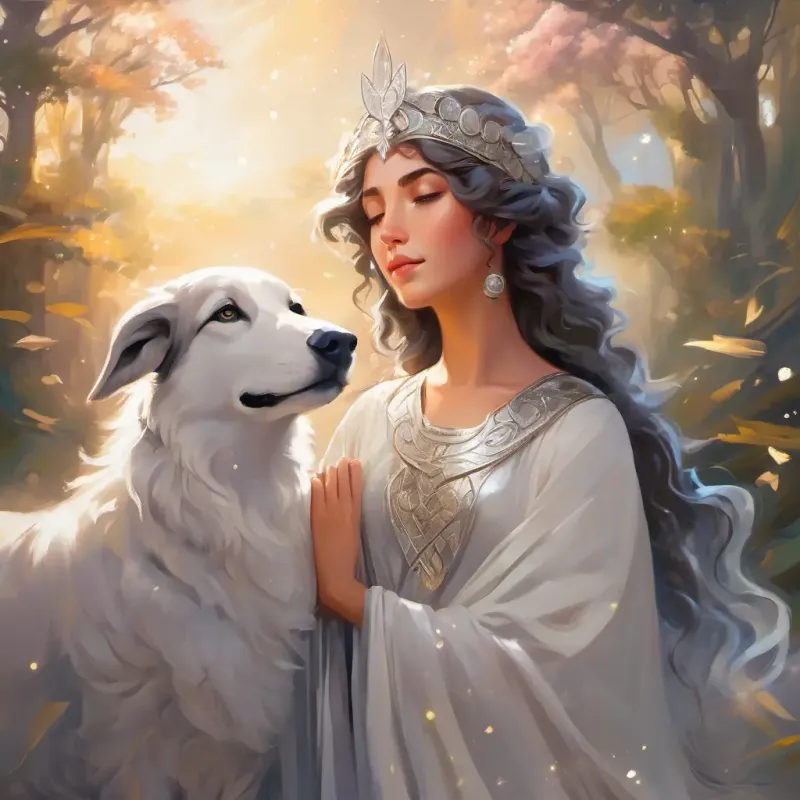 Goddess with shimmering silver attire and eyes that sparkle like stars's presence affects Shepherd with peaceful expression, curly hair, and dreamy, closed eyes, he feels her in dreams.