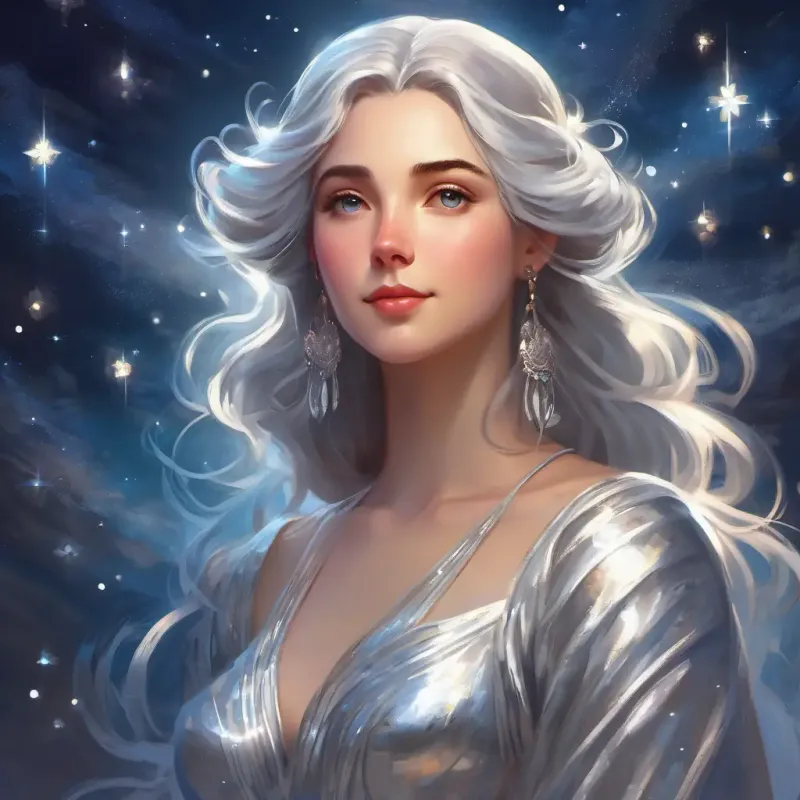 Goddess with shimmering silver attire and eyes that sparkle like stars learns about silent, deep friendship.