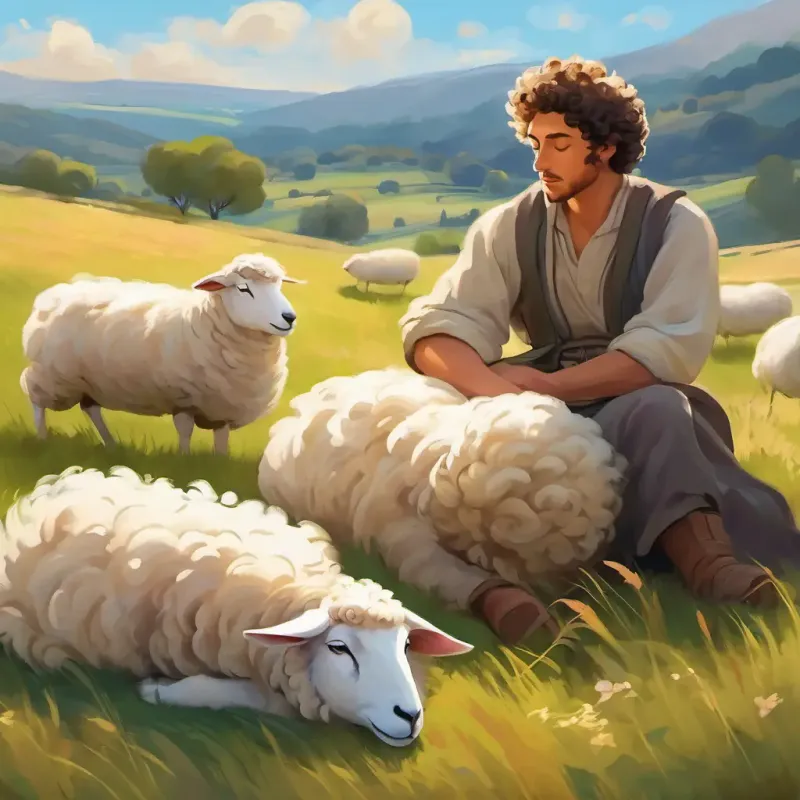 Description of Shepherd with peaceful expression, curly hair, and dreamy, closed eyes sleeping peacefully, sheep grazing near him.