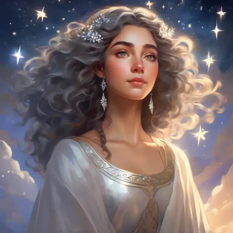 Goddess with shimmering silver attire and eyes that sparkle like stars starts to grow fond of Shepherd with peaceful expression, curly hair, and dreamy, closed eyes from afar.