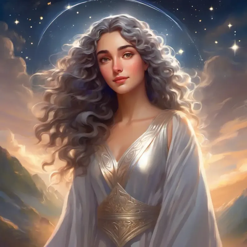 Goddess with shimmering silver attire and eyes that sparkle like stars decides to visit Shepherd with peaceful expression, curly hair, and dreamy, closed eyes and dims her light.