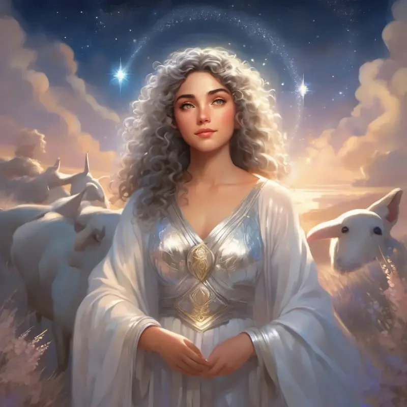 Goddess with shimmering silver attire and eyes that sparkle like stars whispers to Shepherd with peaceful expression, curly hair, and dreamy, closed eyes, wonders about his dreams.