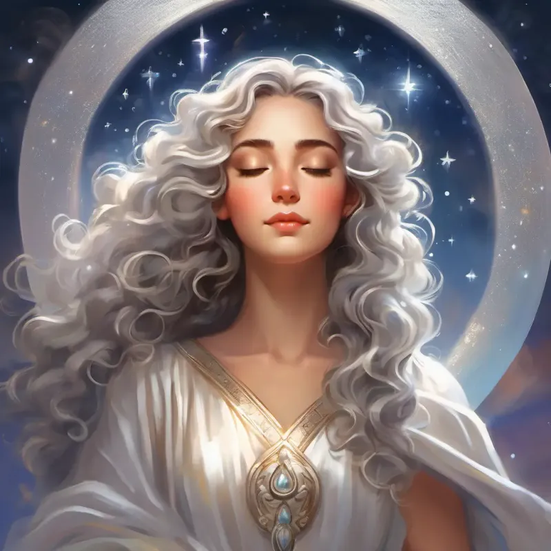 Goddess with shimmering silver attire and eyes that sparkle like stars leaves a moonbeam to bless Shepherd with peaceful expression, curly hair, and dreamy, closed eyes's dreams.