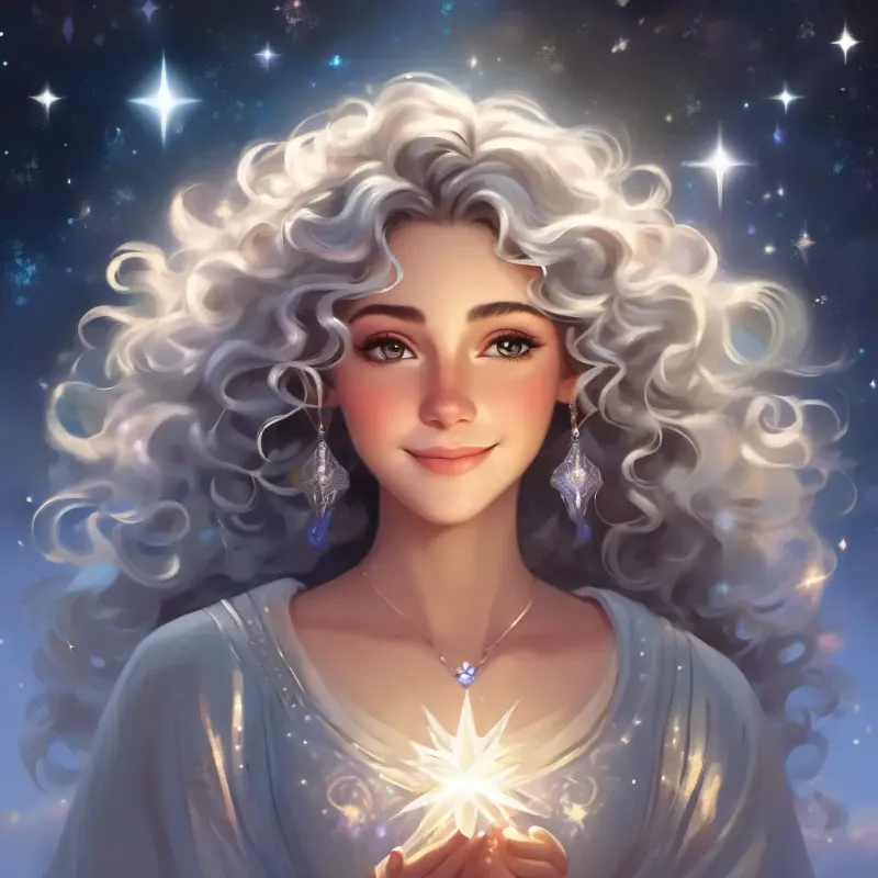 Goddess with shimmering silver attire and eyes that sparkle like stars sees Shepherd with peaceful expression, curly hair, and dreamy, closed eyes smiling, wonders if her gift worked.