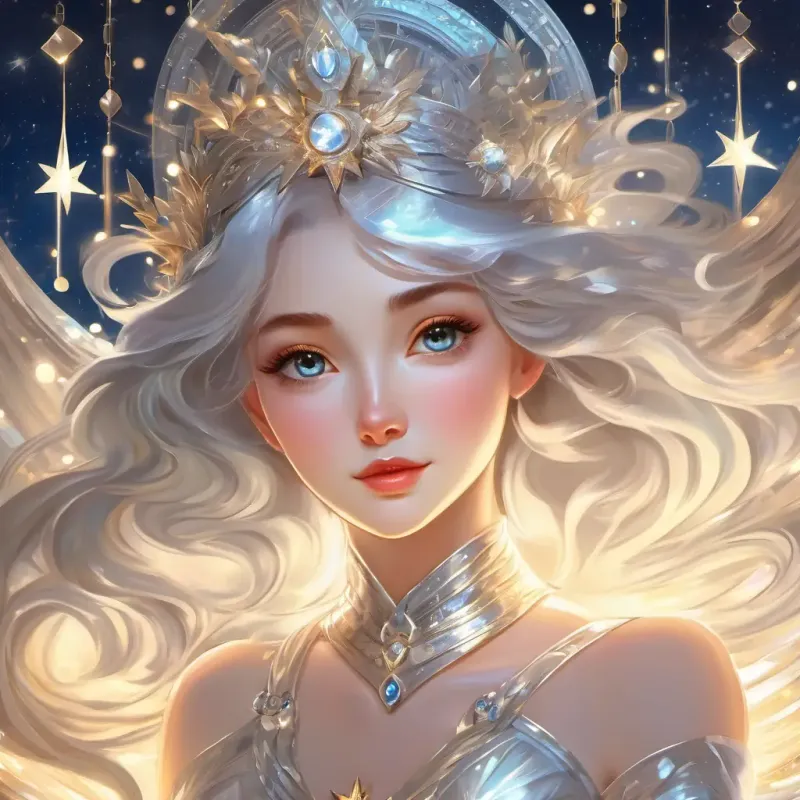 Time passes, Goddess with shimmering silver attire and eyes that sparkle like stars's visits become a joy, a secret bond forms.