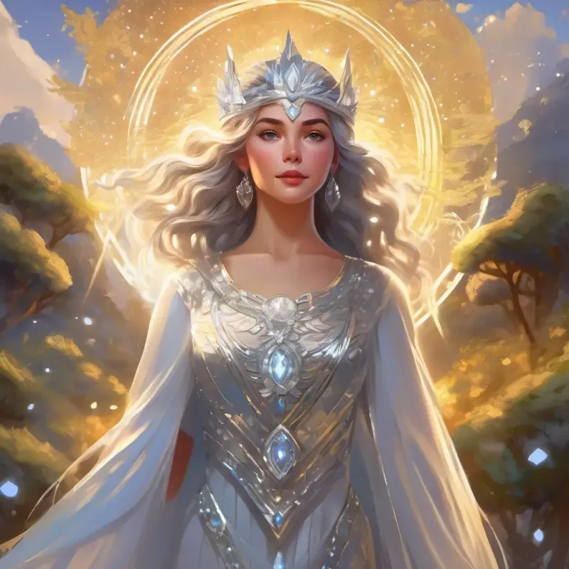 Goddess with shimmering silver attire and eyes that sparkle like stars returns to the sky as morning approaches.
