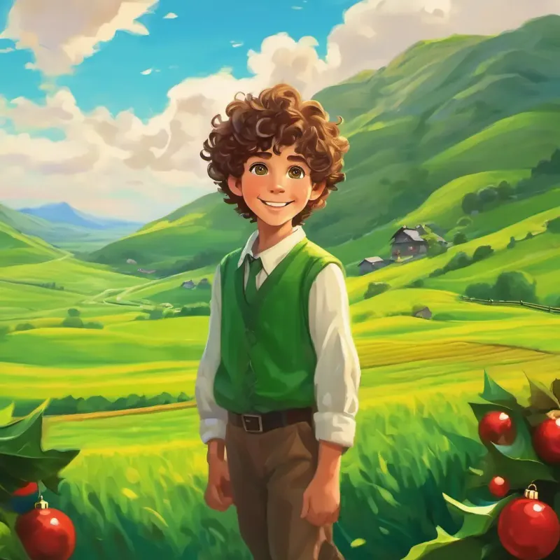 Introduction to the setting and the main character, A young boy with curly brown hair, bright green eyes, and a big smile, in the green valley.